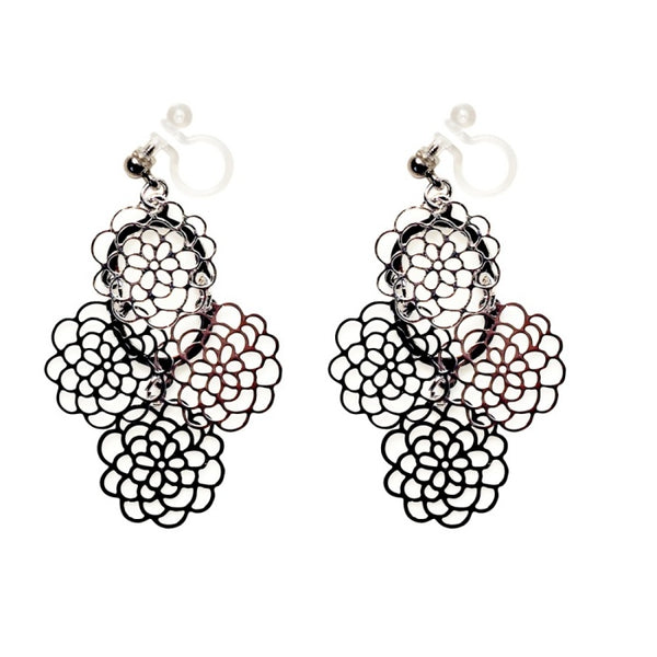 Dangle Large Flower Filigree Invisible Clip On Earrings