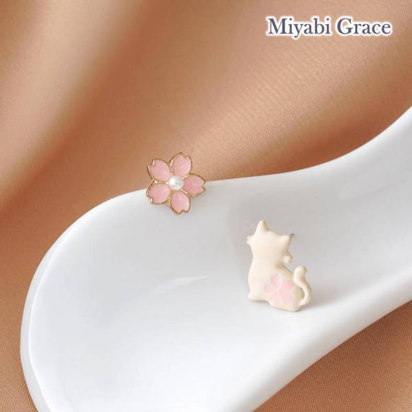 Cheery Blossom and White Cat Invisible Clip On Stud Earrings