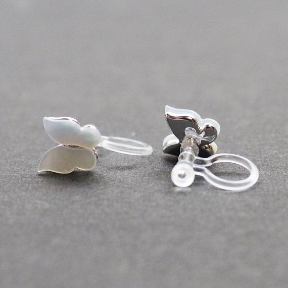 Mother Of Pearl Butterfly Invisible Clip On Stud Earrings (Silver tone) - Miyabi Grace