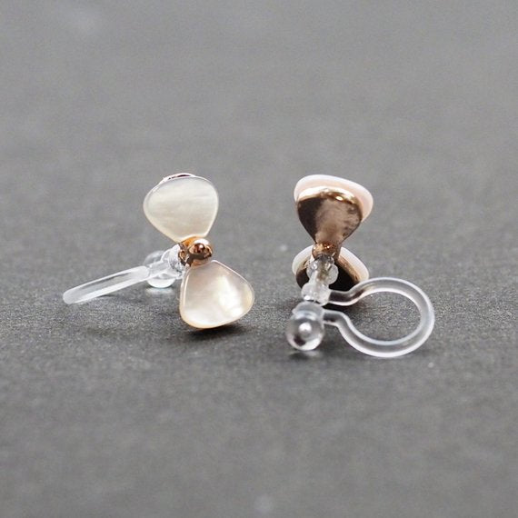 Mother Of Pearl Bow Tie Invisible Clip On Stud Earrings (Gold tone) - Miyabi Grace