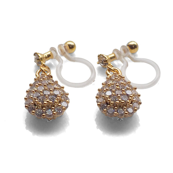 Bridal teardrop micro pave cubic zirconia invisible clip on earrings ( gold tone ) - Miyabi Grace