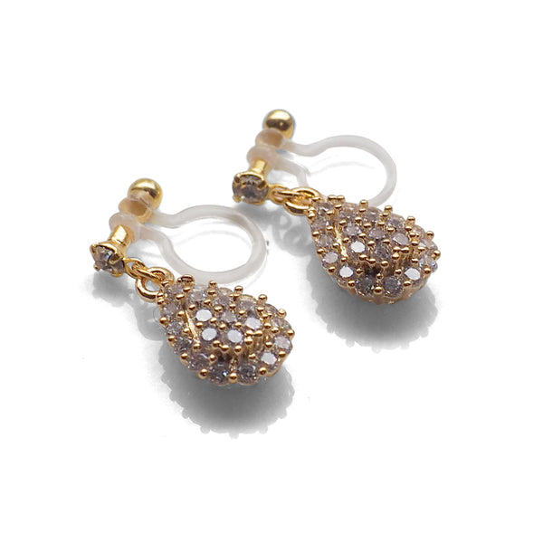 Bridal teardrop micro pave cubic zirconia invisible clip on earrings ( gold tone ) - Miyabi Grace