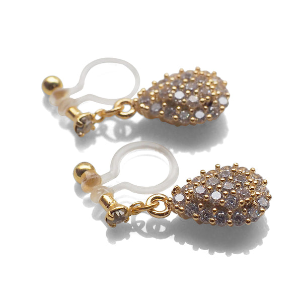Bridal teardrop micro pave cubic zirconia invisible clip on earrings ( gold tone ) - Miyabi Grace