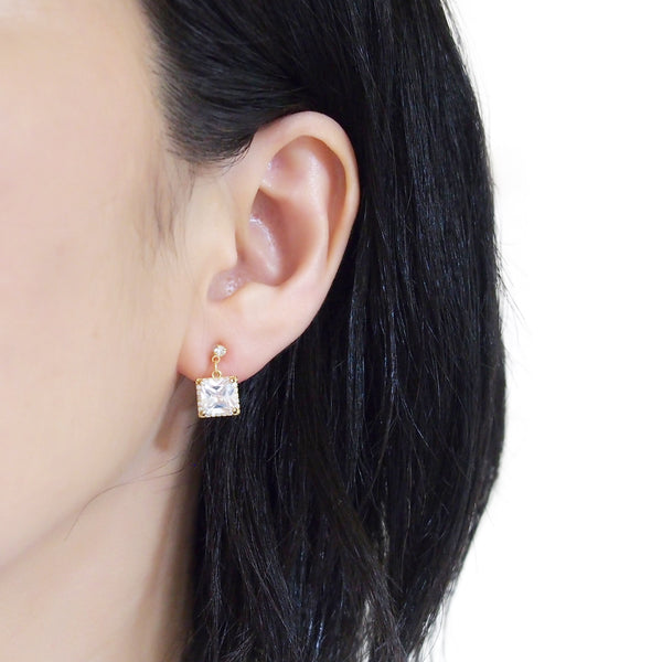 Bridal square cubic zirconia invisible clip on earrings ( gold tone ) - Miyabi Grace