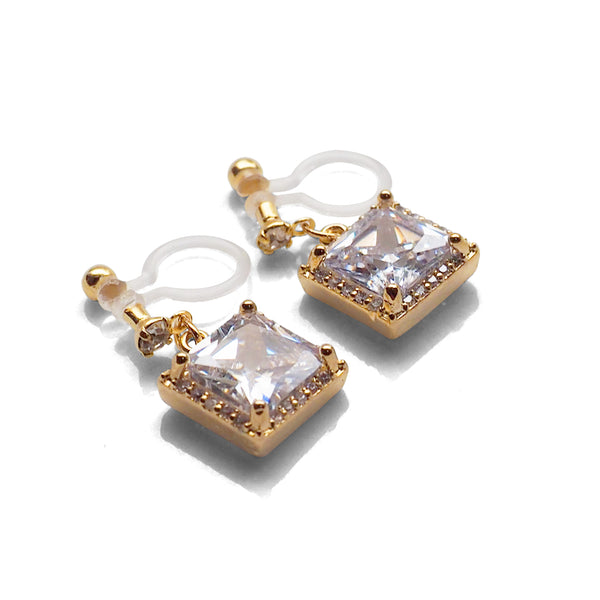 Bridal square cubic zirconia invisible clip on earrings ( gold tone ) - Miyabi Grace
