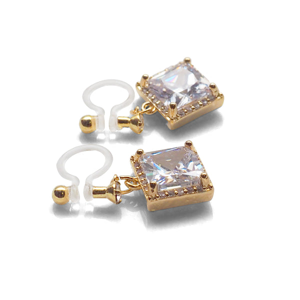 Bridal square cubic zirconia invisible clip on earrings ( gold tone ) - Miyabi Grace