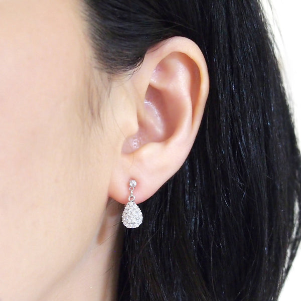 Bridal teardrop micro pave cubic zirconia invisible clip on earrings ( silver tone ) - Miyabi Grace