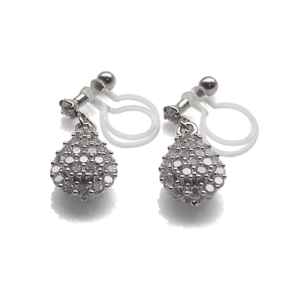 Bridal teardrop micro pave cubic zirconia invisible clip on earrings ( silver tone ) - Miyabi Grace