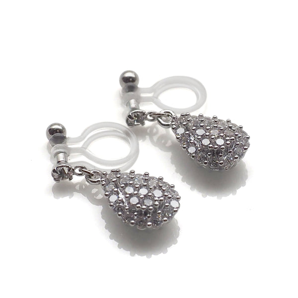 Bridal teardrop micro pave cubic zirconia invisible clip on earrings ( silver tone ) - Miyabi Grace