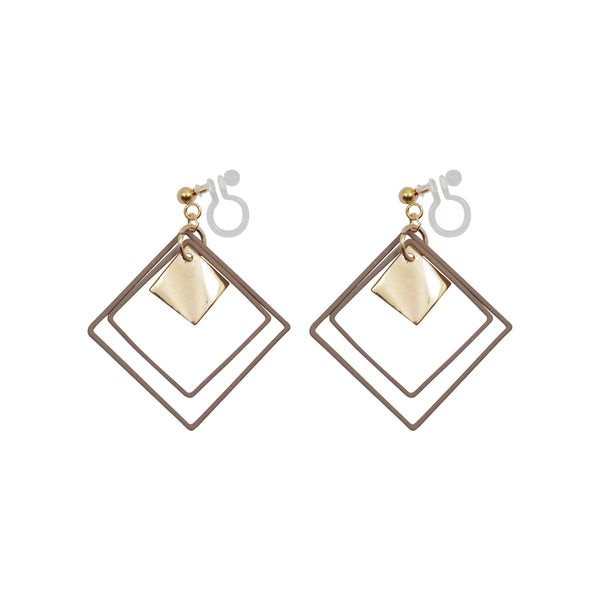 Beige Square Double Hoops Invisible Clip On Earrings - Miyabi Grace