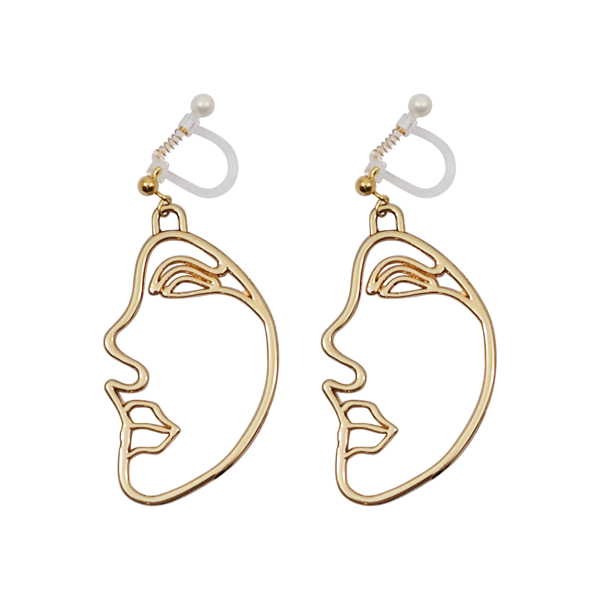 Amazing! Comfortable And Pierced Look Gold Picasso Face Side Invisible Clip On Earrings