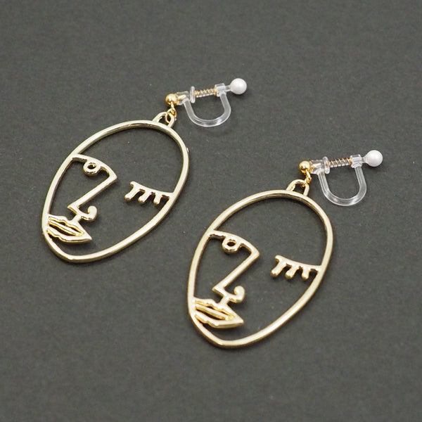 Gold Picasso Face Wink Invisible Clip On Earrings - Miyabi Grace
