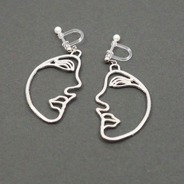 Silver Picasso Face Side Invisible Clip On Earrings - Miyabi Grace