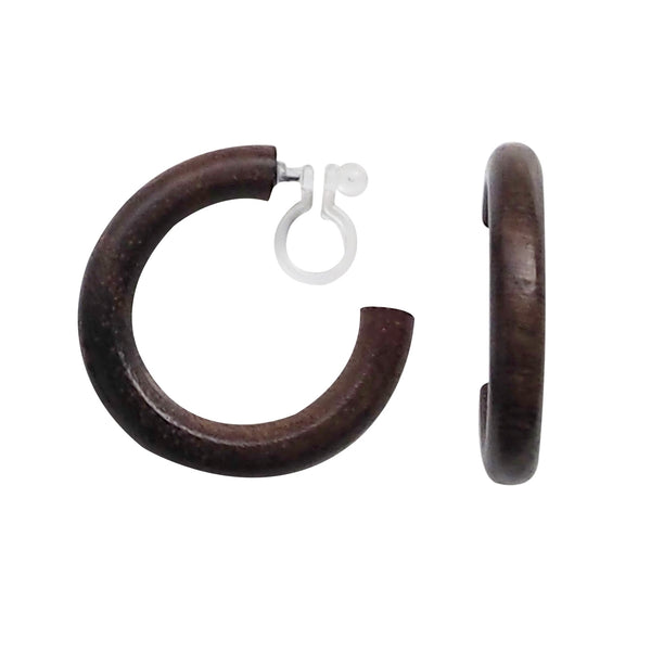 Brown Wood Invisible Clip On Hoop Earrings - Miyabi Grace