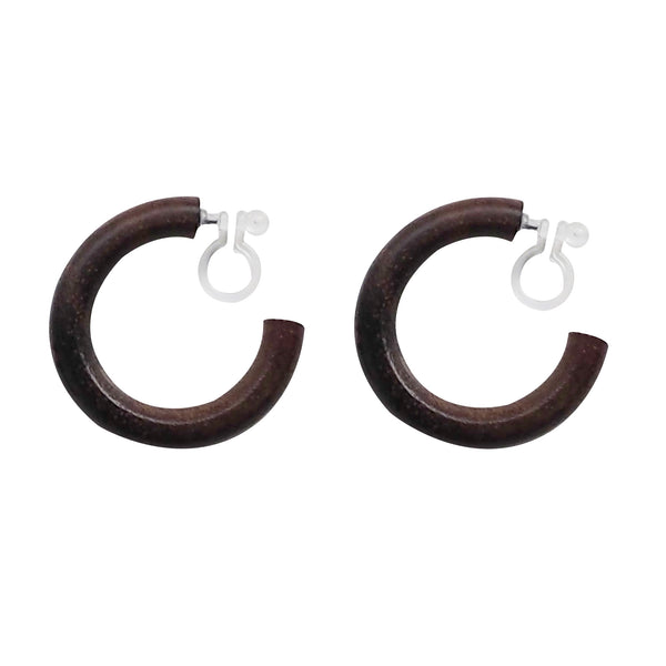 Brown Wood Invisible Clip On Hoop Earrings - Miyabi Grace