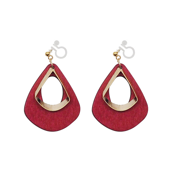 Red Wood Hoop Invisible Clip On Earrings - Miyabi Grace