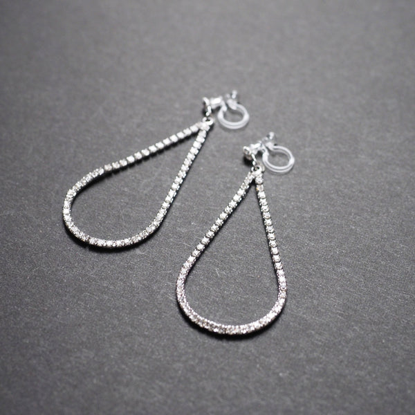 Dangle Silver Teardrop Rihnestone Crystal Invisible Clip On Earrings - Miyabi Grace
