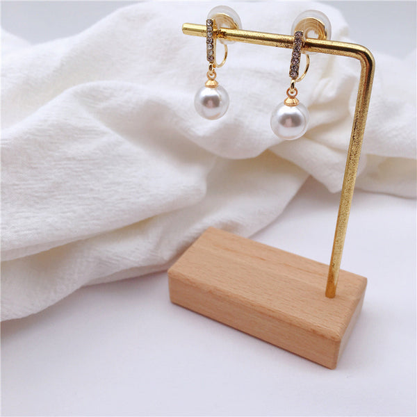 Dangle Crystal Rhinestone Bar and White Pearl Spiral Clip On Earrings