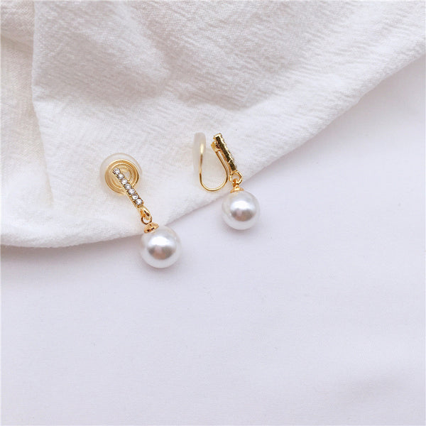 Dangle Crystal Rhinestone Bar and White Pearl Spiral Clip On Earrings