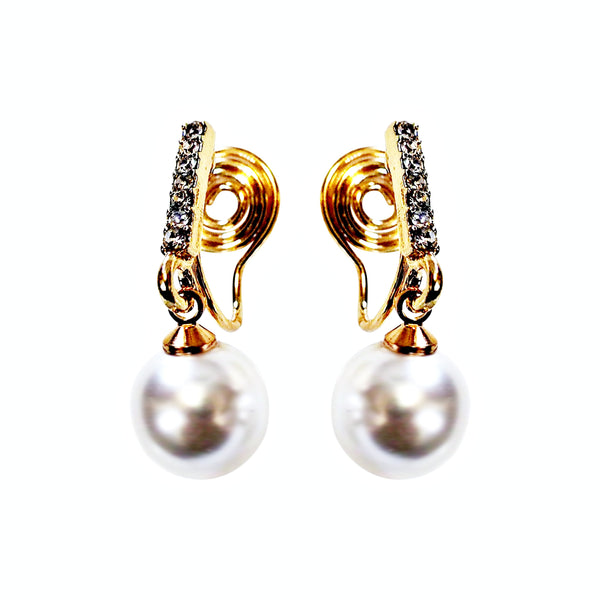 Dangle Crystal Rhinestone Bar and White Pearl Spiral Clip On Earrings