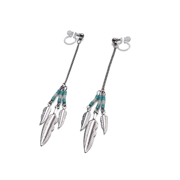 Long feather motif invisible clip on earrings ( Silver tone ) - Miyabi Grace