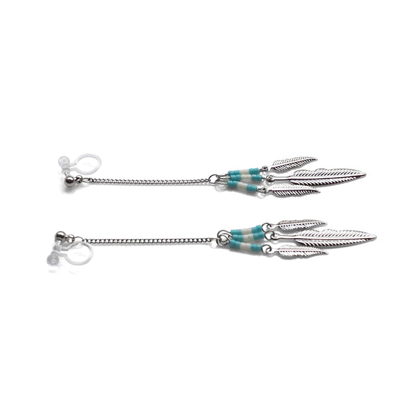 Long feather motif invisible clip on earrings ( Silver tone ) - Miyabi Grace