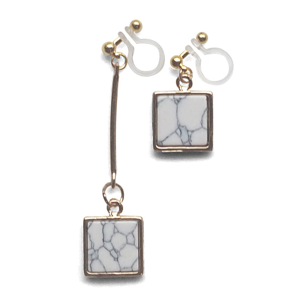 Asymmetric Square Marble Faux White Stone Invisible Clip On Earrings - Miyabi Grace