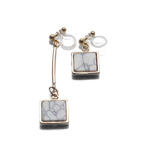 Asymmetric Square Marble Faux White Stone Invisible Clip On Earrings - Miyabi Grace
