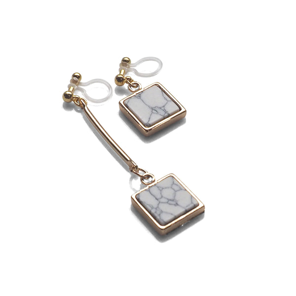 Asymmetric Square Marble Faux White Stone Invisible Clip On Earrings - Miyabi Grace