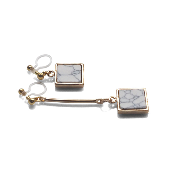 Asymmetric Square Marble Faux White Stone Invisible Clip On Earrings - Miyabi Grace