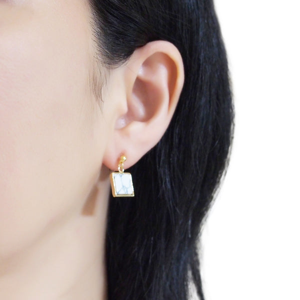 Asymmetric Square Marble Faux White Stone Invisible Clip On Earrings - Miyabi Grace