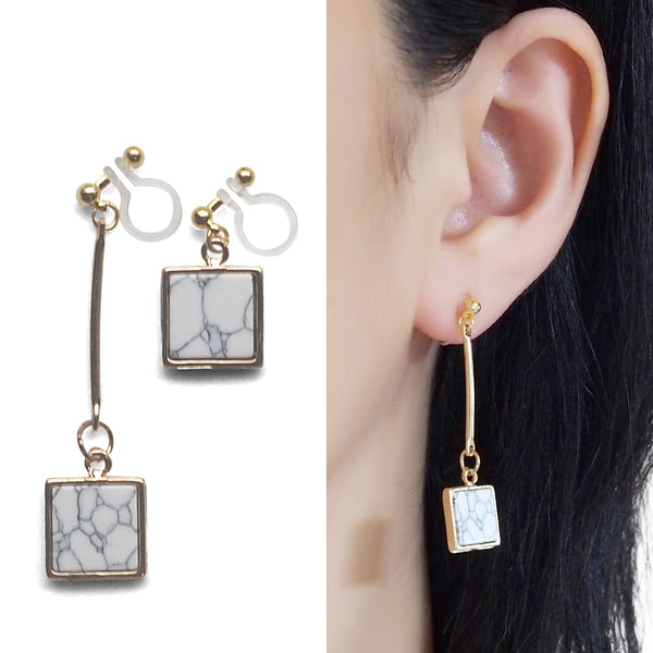 Asymmetric Square Marble Faux White Stone Invisible Clip On Earrings - Miyabi Grace