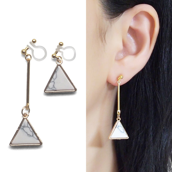 Asymmetric Triangle Marble Faux White Stone Invisible Clip On Earrings - Miyabi Grace