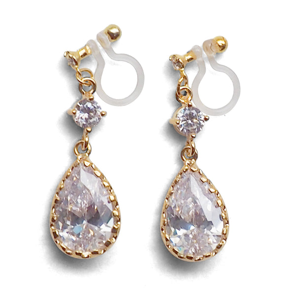 Bridal teardrop cubic zirconia crystal invisible clip on earrings ( gold tone ) - Miyabi Grace