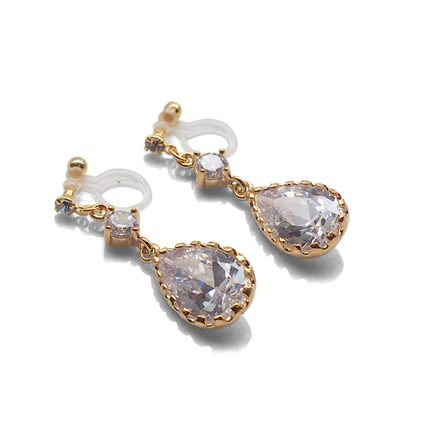 Bridal teardrop cubic zirconia crystal invisible clip on earrings ( gold tone ) - Miyabi Grace
