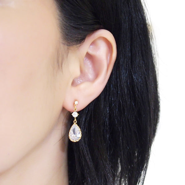 Bridal teardrop cubic zirconia crystal invisible clip on earrings ( gold tone ) - Miyabi Grace
