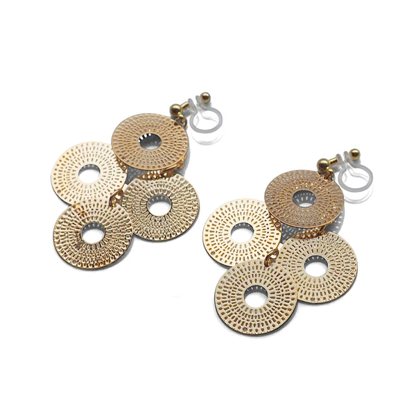 Dangle gold circle filigree invisible clip on earrings - Miyabi Grace