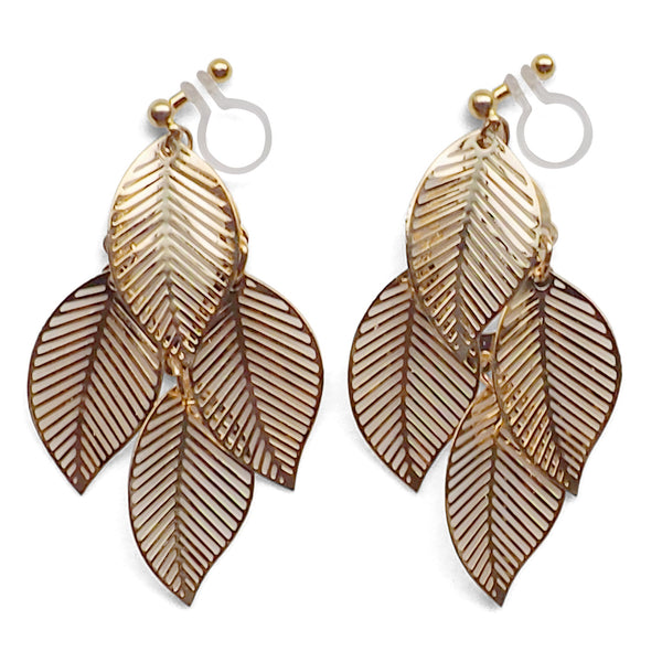 Gold four leaf filigree invisible clip on earrings - Miyabi Grace