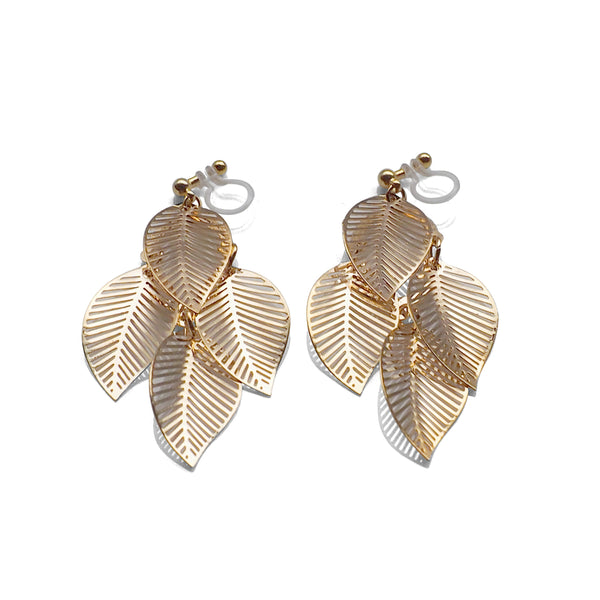 Gold four leaf filigree invisible clip on earrings - Miyabi Grace