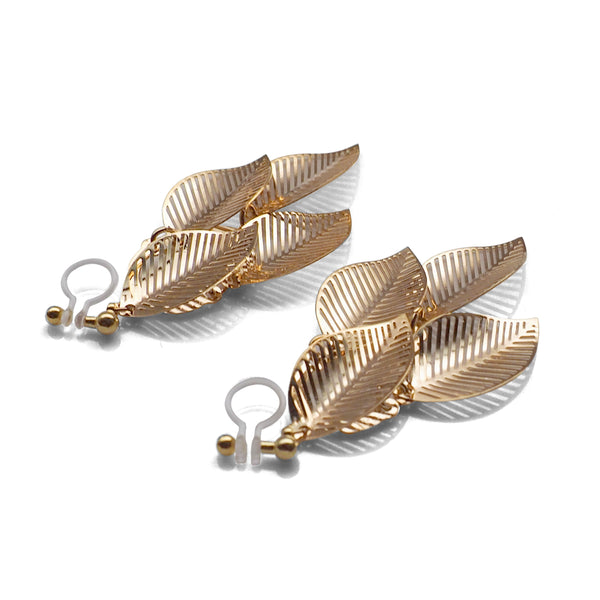 Gold four leaf filigree invisible clip on earrings - Miyabi Grace