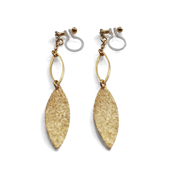 Gold textured metallic leaf invisible clip on earrings - Miyabi Grace