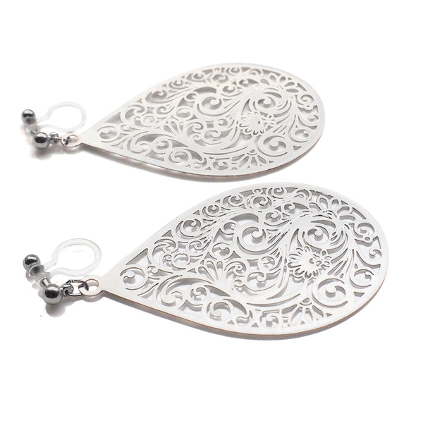 Large silver teardrop Victorian filigree invisible clip on earrings - Miyabi Grace