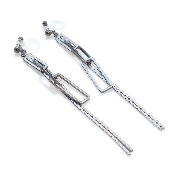 Silver chain and rectangular motif invisible clip on earrings - Miyabi Grace