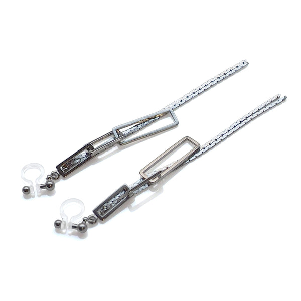 Silver chain and rectangular motif invisible clip on earrings - Miyabi Grace