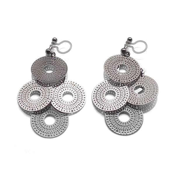 Dangle silver circle filigree invisible clip on earrings - Miyabi Grace