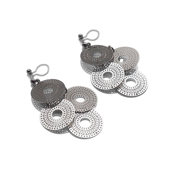 Dangle silver circle filigree invisible clip on earrings - Miyabi Grace