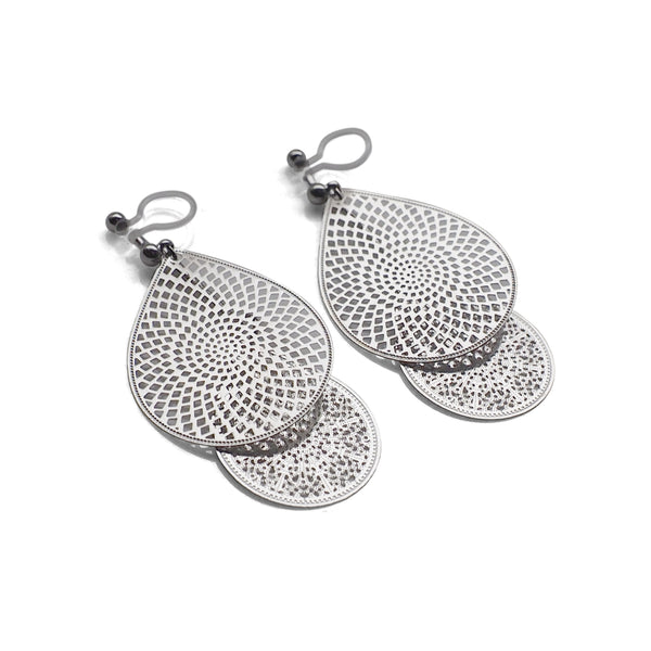 Dangle silver teardrop filigree invisible clip on earrings - Miyabi Grace