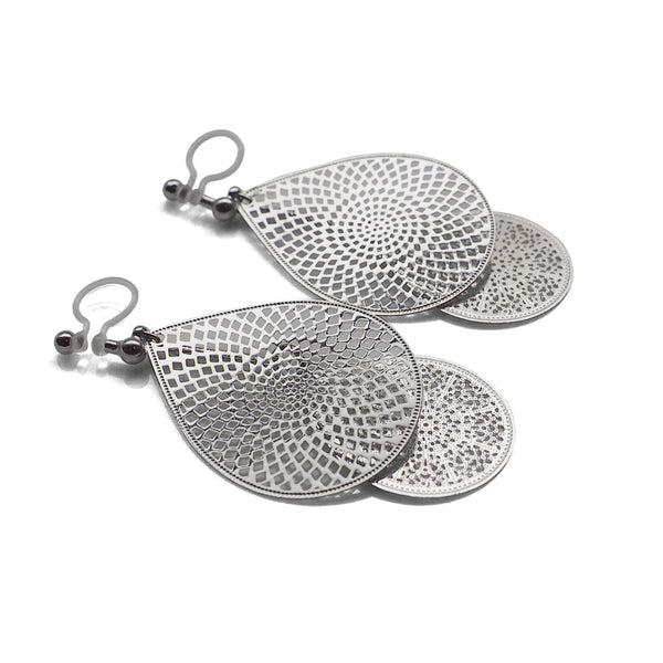 Dangle silver teardrop filigree invisible clip on earrings - Miyabi Grace
