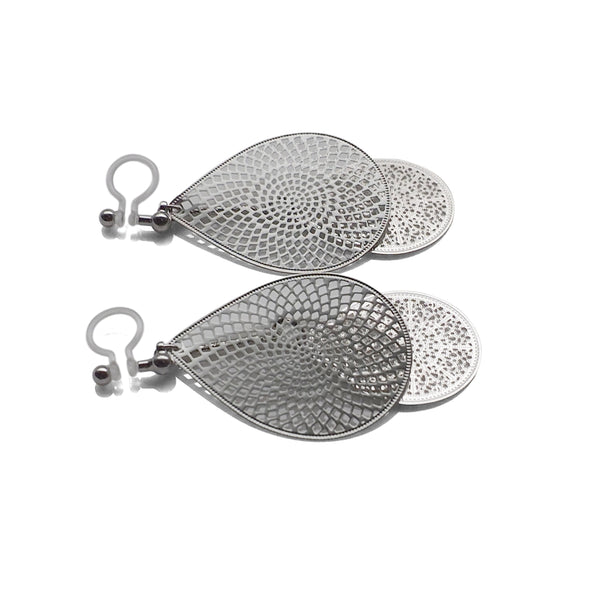 Dangle silver teardrop filigree invisible clip on earrings - Miyabi Grace