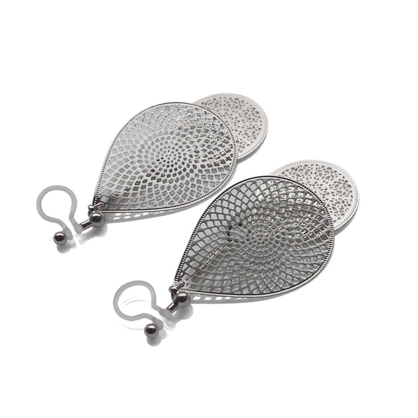 Dangle silver teardrop filigree invisible clip on earrings - Miyabi Grace
